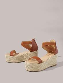 Styleloop Ladies, Straw Twine, Strap, Lame-Heeled Platform Sandals, Summer Wear, Vacation Atmosphere, Travel Essentials Summer Shoes Summer Shoes - Brown - View 2