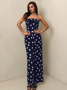 SHEIN Glamour 女士连体裤，针织黑白波点无肩带连体裤 - 藍色 - 查看 7