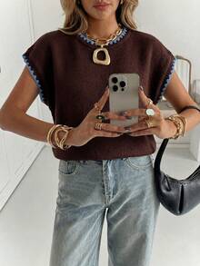 Siren Gaze 女士圆领撞色滚边休闲日常针织上衣 - 咖啡棕 - 查看 6