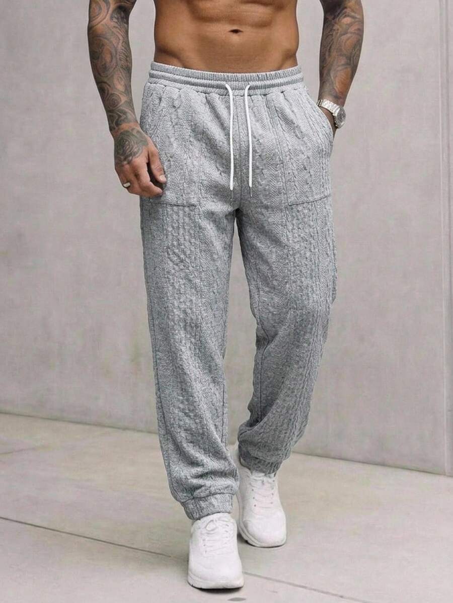 Manfinity VCAY Men's Casual Grey Autumn Dress Textured Fabric Drawstring Waist Slant Pocket Japan Pants Silver Rhinestone Mesh Nylon Joggers Knitted Sweater Pants - Grey - View 1