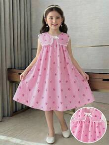 SHEIN Elladie kids 女童粉白条纹蝴蝶结印花休闲可爱白色蝴蝶结蕾丝边方领开襟甜美连衣裙，适合日常、度假、通勤，优雅又可爱 - 粉色 - 查看 4