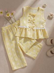 Souflis Souflis 2 piezas Conjunto de niña bebé con blusa de cuello redondo sin mangas plisada de color amarillo claro, top con decoración de lazo y pantalón de cintura elástica, cómodo y lindo para primavera, verano y otoño - Amarillo - Ver 2