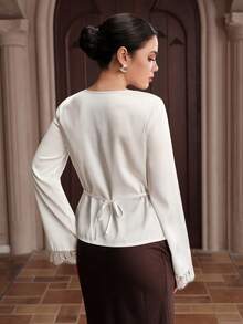 Graceveil Áo sơ mi nữ cổ tròn phối ren, kiểu dáng thường ngày, đa năng. - Màu be - Xem 6