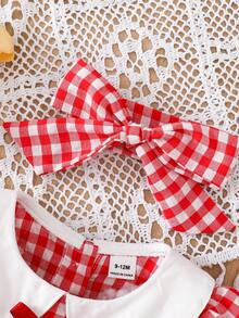 SHEIN Vintaside Kids Baby Girl Plaid Strawberry Pattern Bow Decor Casual Daily Wear Puff Sleeve Romper - Red and White - View 7