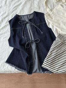 Dazy Plus Light Wash Sleeveless Denim Vest With Tie - Dark Wash - View 5