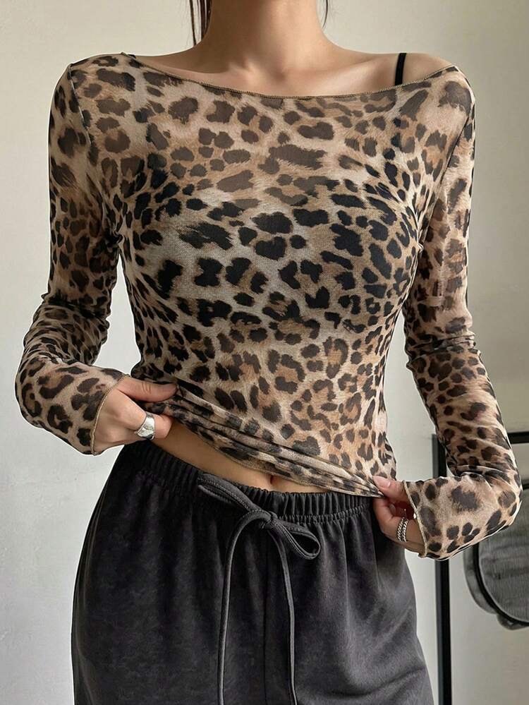 Autumn New Off-Shoulder Fitted Leopard Print T-Shirt For Women