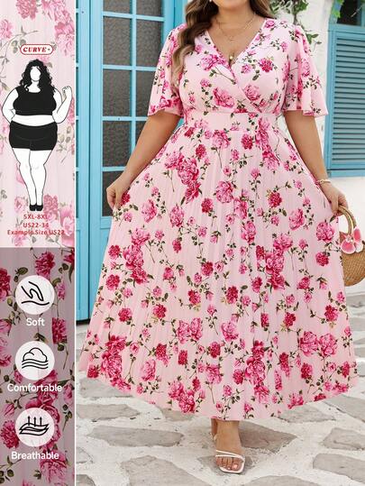 SHEIN CURVE+ Plus Size Women's Floral Print Romantic Vacation Dress Plus Size Summer Dresses Plus Size Floral Dress