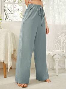 SHEIN Essnce Quần ống rộng màu trơn dành cho nữ, có dây rút, túi, phù hợp cho phong cách nghỉ mát mùa xuân. - Màu xanh bụi bặm - Xem 3