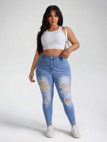 SHEIN PETITE CURVE Quần jeans nữ cỡ lớn PETITE CURVE mùa hè 2026, kiểu dáng thường ngày, thoải mái, chất liệu co giãn tốt, màu xanh rách nhẹ, ôm sát, gợi cảm. - Màu xanh lam - Xem 5