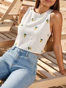 Swim Vcay 花卉刺绣背心 图案 T 恤 女式上衣 - 白色 - 查看 1