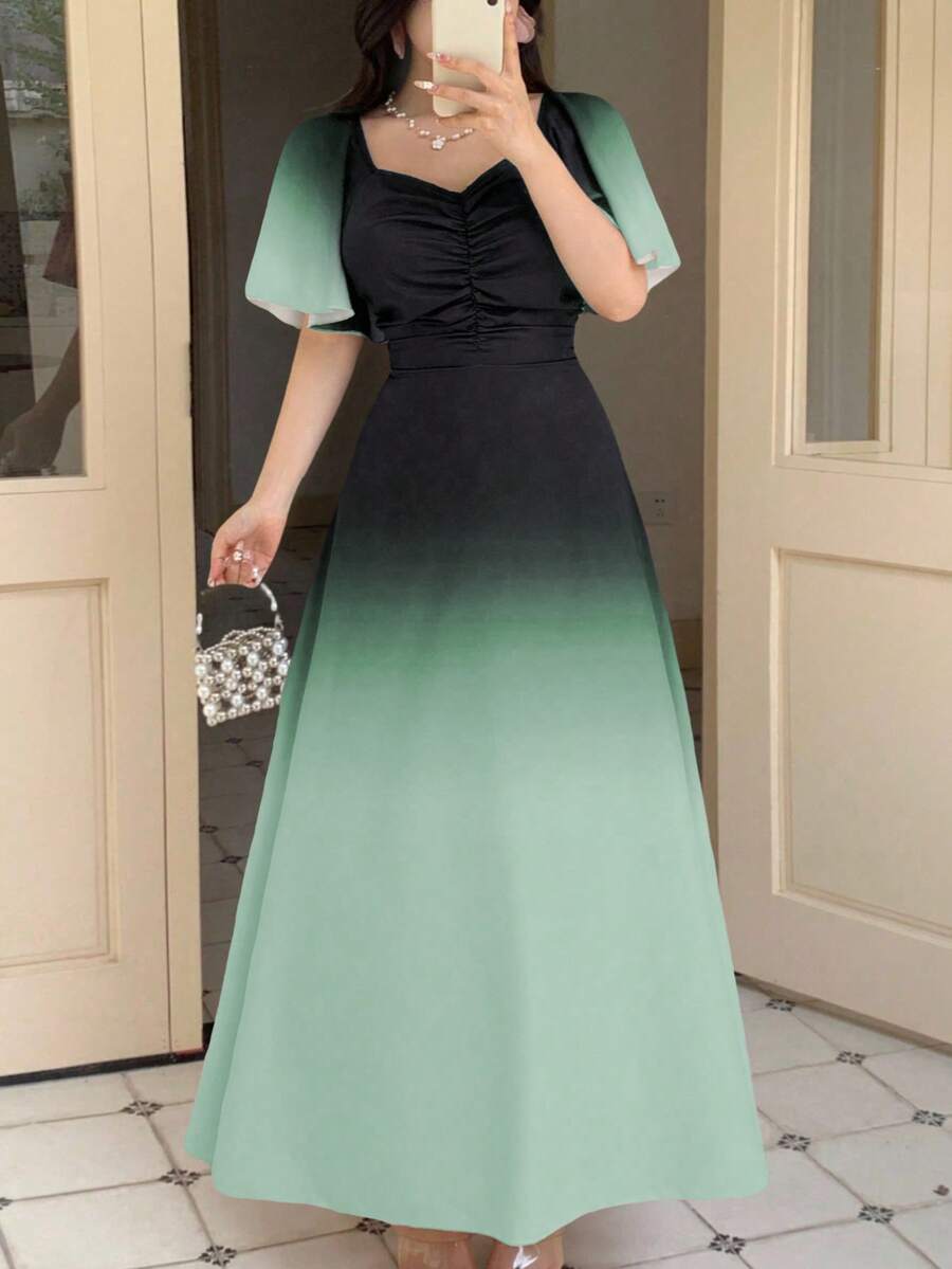 Modelyn 女士黑粉渐变蝙蝠印花褶皱短袖甜美法式夏日连衣裙 - 薄荷綠 - 查看 1