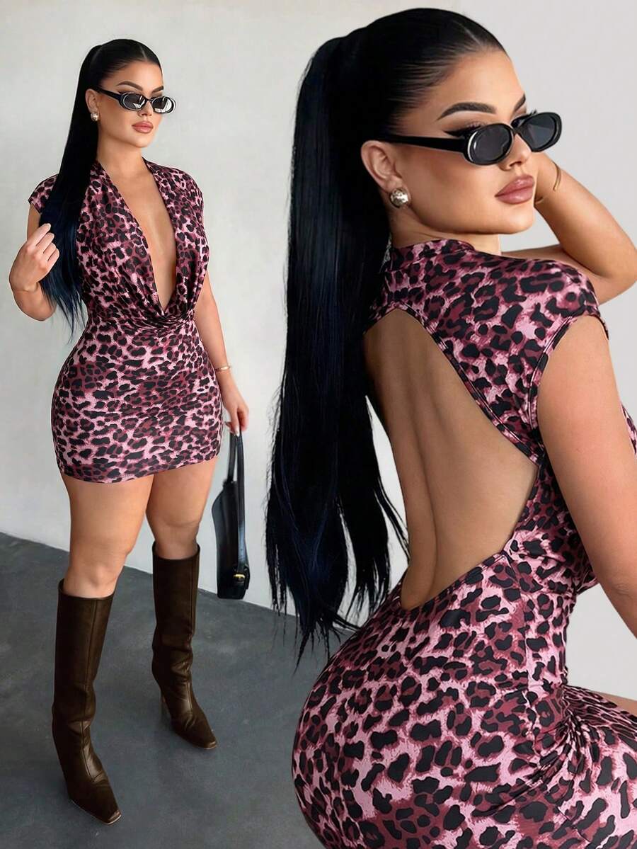 SHEIN SXY 性感豹纹优雅露背连衣裙 - 酒紅色 - 查看 1