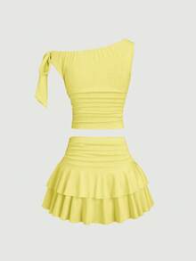 SHEIN Sweetro Women's Summer Metal Flower Decor Asymmetric-Shoulder Top And Pleated Layered Skirt Set - Yellow - View 4
