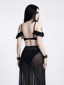 Glisette 女士夏季沙滩纯色吊带性感比基尼套装，带罩裙 - 黑色 - 查看 2