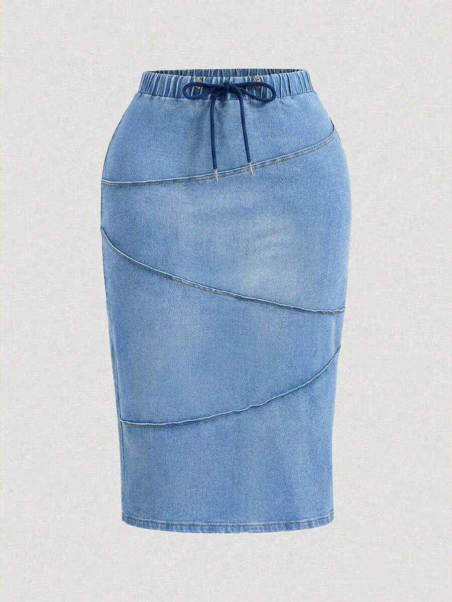 SHEIN MOD Plus Size Women Elastic Waist Denim Skirt - Light Wash - View 1