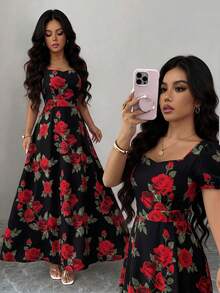 SHEIN Elenzya Đầm nữ in hoa hồng, cổ vuông, eo thon, dáng chữ A, tay phồng, thanh lịch, thích hợp mặc hàng ngày/đi nghỉ mát/đi làm, dự tiệc, phong cách đường phố Pháp, đa năng, màu trắng, in hoa hồng đỏ, thích hợp cho đầu xuân/xuân-hè, tay ngắn, dáng midi. - Đỏ và đen - Xem 1