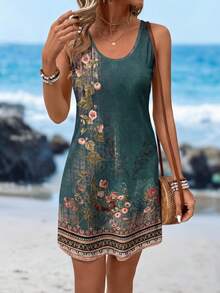 Sylviya Casual Retro Floral Print Sleeveless Summer Dress For Women - Dark Green - View 4