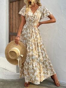 Breezaya Floral Print Knot Front Ruffle Hem Dress Maxi Vacation Beach Outfits Women - Khaki - View 2