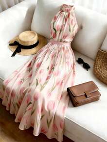 Franclia 女士新款数码印花露背收腰连衣裙，适合海滩度假和旅行 - 杏色 - 查看 5