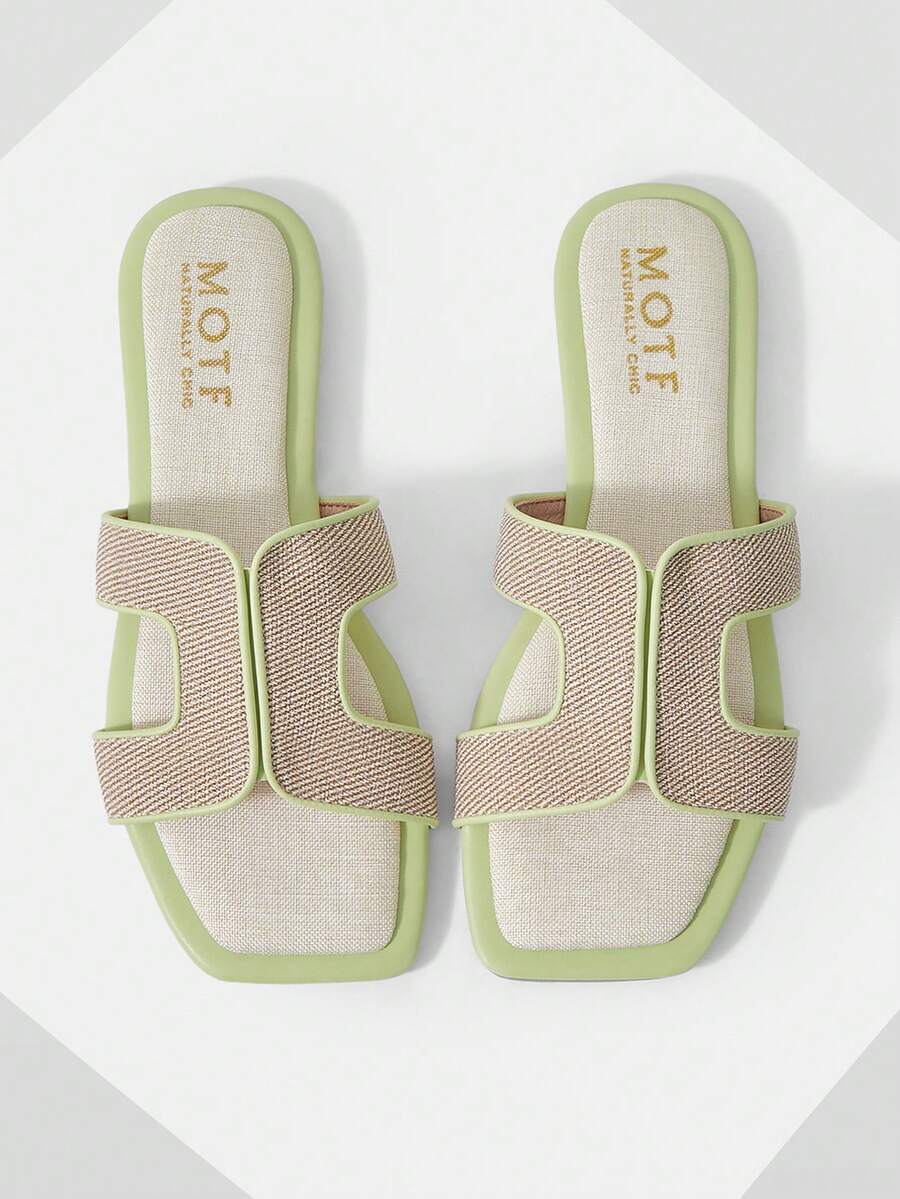 MOTF PREMIUM 女士休闲简约夏季撞色包边镂空方头平底凉鞋，适合新年假期、春季春假和复活节穿着。 - 淺綠 - 查看 1