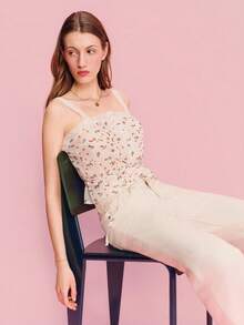 lacRébo Áo hai dây màu trắng viền ren, cài cúc phía trước, xếp ly và thắt eo, kiểu Pháp, thích hợp cho mùa xuân hè, đi nghỉ mát hoặc đi du lịch. - Nhiều màu - Xem 4