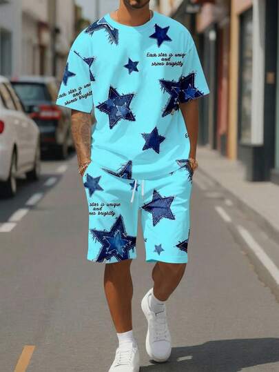 Manfinity Homme Conjunto de camiseta holgada con estampado de estrella y eslogan y pantalones cortos con cordón en la cintura, de estilo casual de verano, moda callejera y uso diario para hombres
