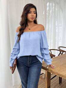 EMERY ROSE Plus Size Women's Casual Solid Color Off-Shoulder Blouse - Baby Blue - View 4