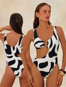 Swim Chiccia 26SS 女士春夏沙滩连衣裙，连体款，优雅浪漫海岛度假风高端艺术几何撞色印花，咖啡色、白色，波西米亚风亚克力金属装饰纽扣，腰部镂空设计，适合夏季度假、海滩、泳池、日常穿着 - 黑與白 - 查看 4