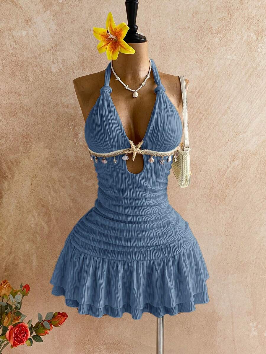 Soleia 女款灰藍色掛脖扭結緊身迷你洋裝,金屬配件貝殼裝飾,適合夏季休閒海灘度假、假期郵輪旅行與曬日光浴 - 霧霾藍 - 查看 1