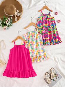 SHEIN 三件套女童彩色多巴胺印花夏季连衣裙，梭织面料，可爱花卉图案，纯粉色连衣裙+彩色花卉连衣裙+黑色爱心印花连衣裙，无袖荷叶边拼接吊带裙，适合可爱、甜美、优雅的休闲、海滩、派对等场合，K-pop风格，夏季穿搭。柔软舒适。 - 粉色 - 查看 2
