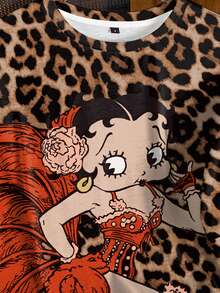 Betty Boop x SHEIN 女士豹纹圆领短袖休闲T恤 - 白色 - 查看 4