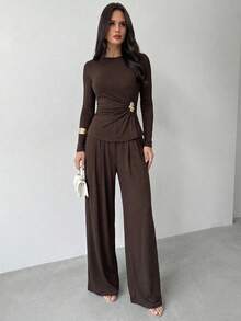 Firerie Bộ đồ nữ thường ngày thanh lịch gồm áo dài tay và quần ống rộng, chất liệu dệt kim, thân thiện với da, thích hợp mặc hàng ngày. - màu nâu - Xem 5