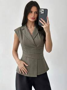 Firerie 女士休闲优雅仿亚麻收腰西装外套 / 女士棕灰色亚麻修身收腰西装外套 / 秋冬女装 / 返校季 / 返校节 / 商务休闲女装 / 复古风女装 / 办公室女装 / 穿搭 / 女士社交西装外套 / 修身褶裥西装外套 / 女士优雅西装外套 - 卡其色 - 查看 3