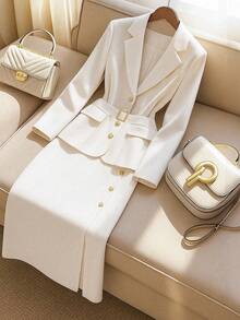 GlowEve CURVE 大码女式畅销纯色翻领长袖优雅女士套装裙和西装外套两件套 - 杏色 - 查看 8