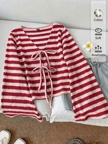 SHEIN LUNE 条纹棉质针织休闲女式系带喇叭袖上衣，粉色和红色撞色条纹 - 紅色 - 查看 7