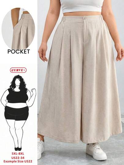 SHEIN CURVE+ Pantalones/faldas plisados de talle elástico de color albaricoque, de corte holgado y cómodo, de uso diario y versátil, de estilo minimalista, para mujeres de talla grande, pantalones anchos de pata ancha de color albaricoque para mujeres de talla grande