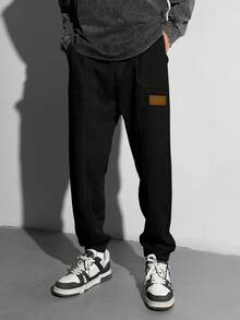 SHEIN Leap Crew 青少年男孩 1 件休闲百搭时尚街头风格修身贴袋夹缝编织标记设计运动裤返校服装；秋季服装；青少年男孩服装；儿童夹克 - 黑色 - 查看 9