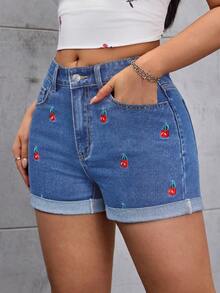 SHEIN ICON 女士水果刺绣可折叠下摆宽松牛仔短裤 - 淺色水洗藍 - 查看 11