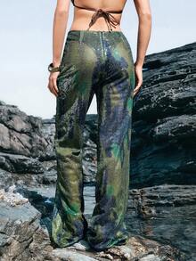 Femmeiva Pantalones rectos con lentejuelas brillantes, de moda para fiestas en discotecas - Multicolor - Ver 4