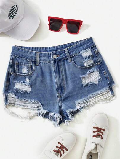 Rivivi Quần short denim nữ màu xanh rách thời trang