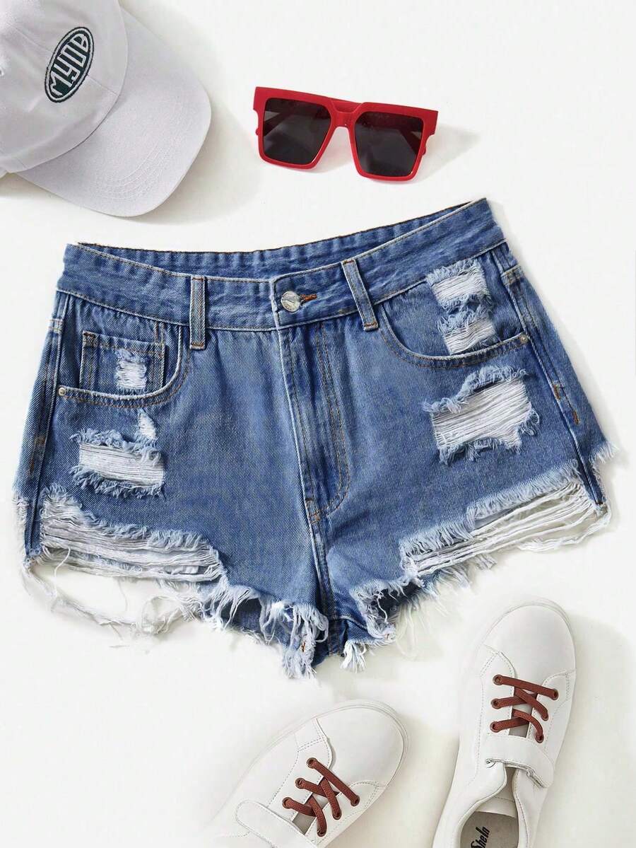 Rivivi Women's Blue Distressed Fashion Denim Shorts - Medium Wash - View 1