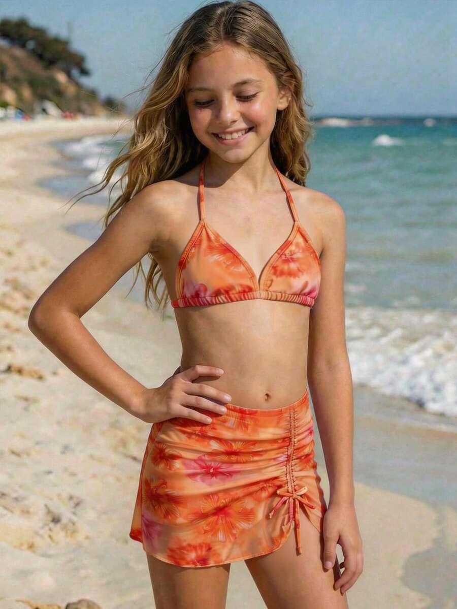 SHEIN Conjunto de bikini de 3 piezas con estampado floral tropical casual de vacaciones para niña preadolescente, dulce y vibrante naranja - Naranja - Ver 1