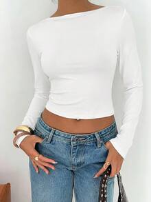 SHEIN EZwear 女士白色露背修身长袖T恤，可爱白色Y2K露背上衣 - 白色 - 查看 2