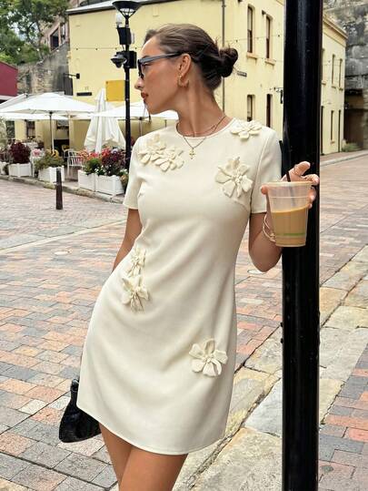 Feyla Đầm ngắn nữ cổ tròn họa tiết hoa 3D, thích hợp cho hẹn hò, dự tiệc.