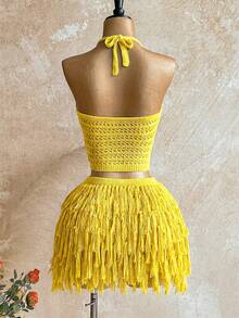 Soleia Bộ đồ 2 mảnh dành cho nữ gồm áo crop top cổ chữ V buộc dây sau lưng và chân váy ngắn tua rua, thích hợp cho tiệc tùng, Giáng sinh, hẹn hò, hộp đêm, phong cách Bohemian, Boho, kỳ nghỉ, mùa thu. - Màu vàng - Xem 2