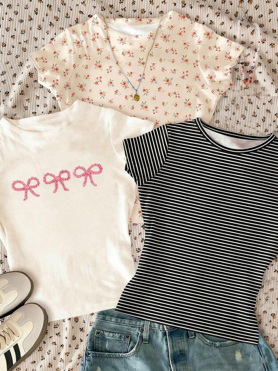 BM Style 3件套，波西米亚风花卉图案，黑色条纹，蝴蝶结装饰印花T恤，少女休闲简约圆领短袖基础款T恤套装，适合春夏日常穿着、居家、度假。 - 彩色 - 查看 1