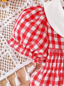 SHEIN Vintaside Kids Baby Girl Plaid Strawberry Pattern Bow Decor Casual Daily Wear Puff Sleeve Romper - Red and White - View 8