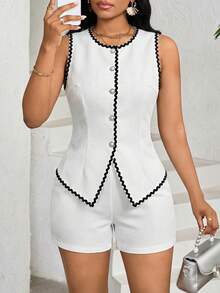 SHEIN Lady Bộ áo vest và quần short nữ kiểu dáng gợn sóng với dây ruy băng. - Đen và trắng - Xem 1