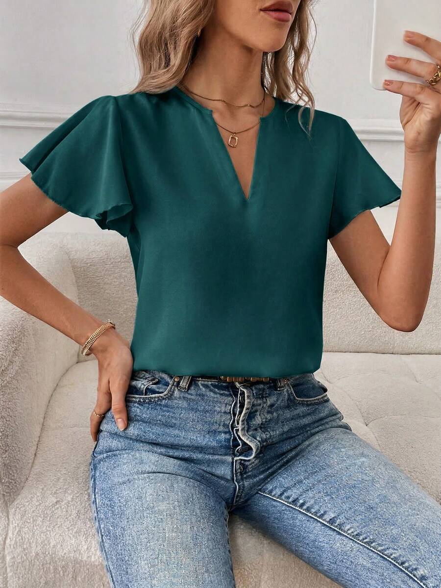 SHEIN Essnce 女士休闲通勤纯色V领荷叶边短袖衬衫 - 水鴨藍 - 查看 1