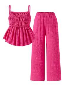 SHEIN Sparklyn Tween Girls' Casual Sweet Hot Pink Summer Tropical Vacation Holiday Textured Bubble Crinkle Fabric Camisole Top & Loose Wide Leg Pants 2 Pieces Set - Pink - View 5